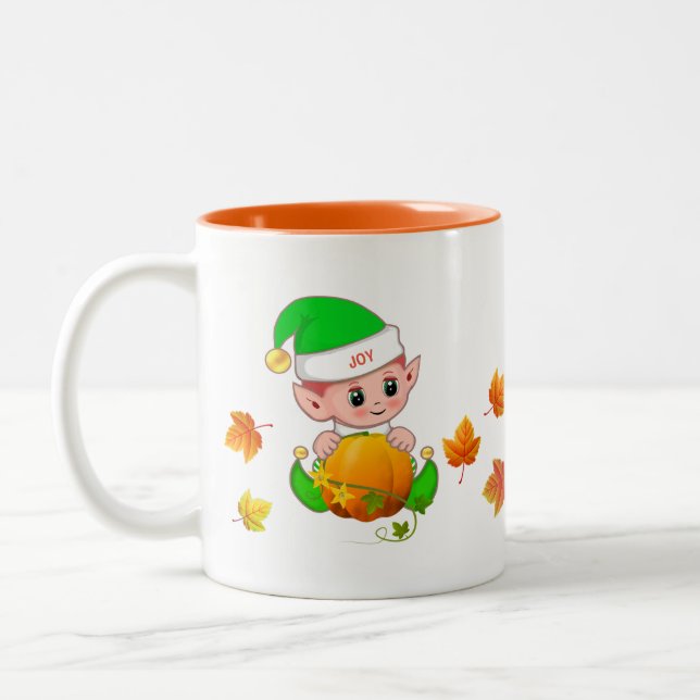 Niedlicher Erntedank Elf mit Pumpkin & Herbstlaubs Zweifarbige Tasse (Links)