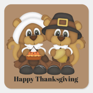 niedlicher Erntedank Pilgrim Eichhörnchen Quadratischer Aufkleber