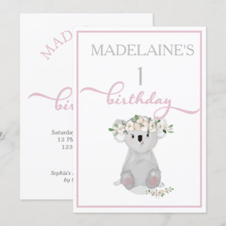 Niedlicher Erster Geburtstag Koala Blumenrosa Einladung