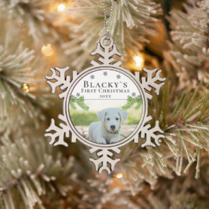 Niedlicher Erster Welpen Hund Weihnachten Foto Schneeflocken Zinn-Ornament