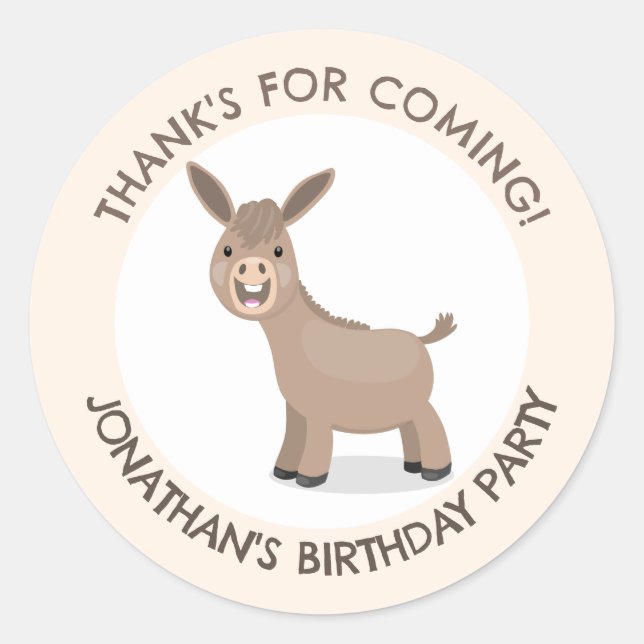 Niedlicher Esel personalisierter Cartoon Geburtsta Runder Aufkleber (Vorderseite)