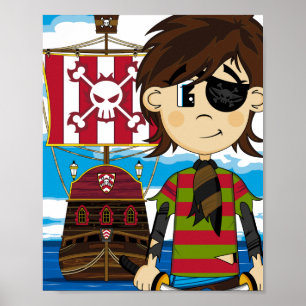 Niedlicher Eyepatch-Pirat und Schiffs-Plakat-Druck Poster