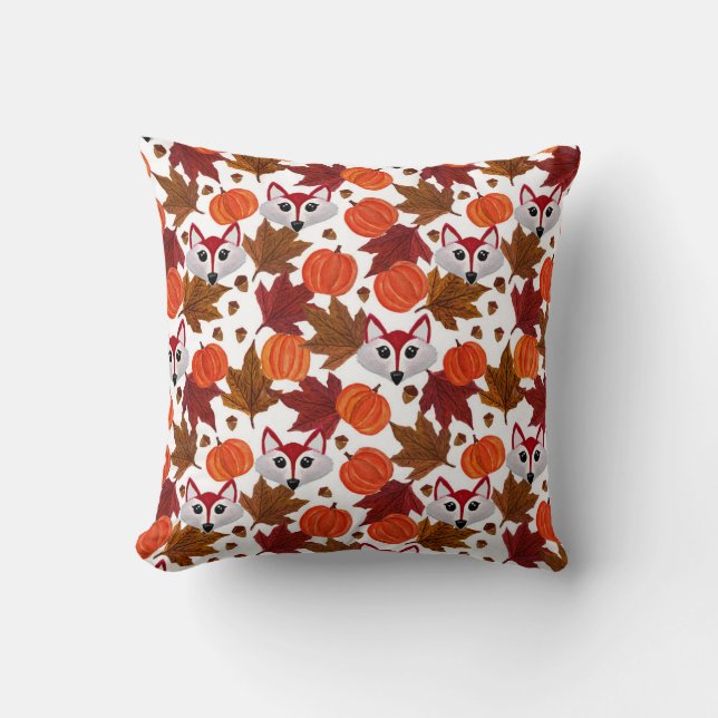 Niedlicher Fall Fox Pumpkin Acorn Ahornholz Leaf W Kissen (Vorderseite)