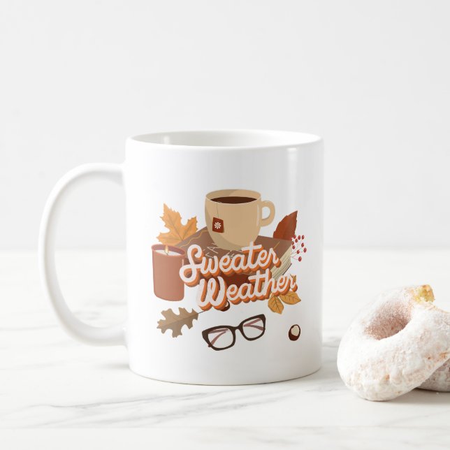 Niedlicher Fall Look Sweater Weather Warmth Illust Kaffeetasse (Mit Donut)