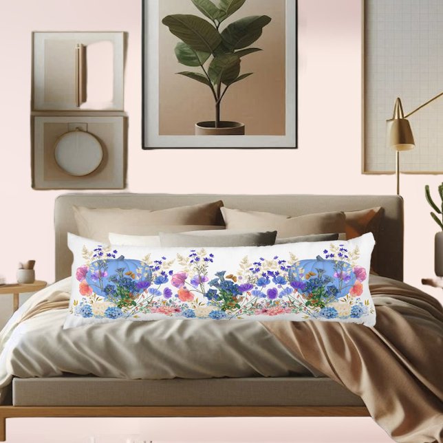 Niedlicher Fall Pumpkin Pastel Blaue Wasserfarbe Seitenschläferkissen (Cute Fall Pumpkin Pastel Blue Botanical Watercolor Body Pillow)