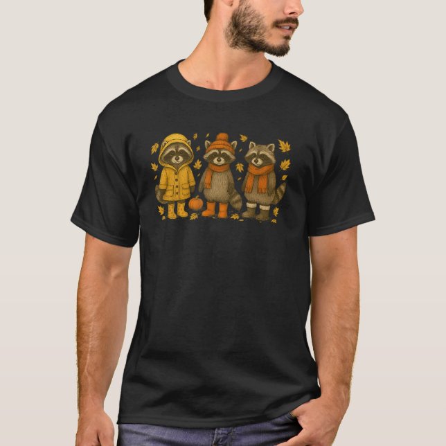 Niedlicher Fall Raccoon Trio Herbst lässt gemütlic T-Shirt (Vorderseite)