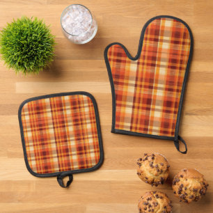 Niedlicher Fall Saisonale karierte Küche Ofenhandschuh & Topflappen-Set