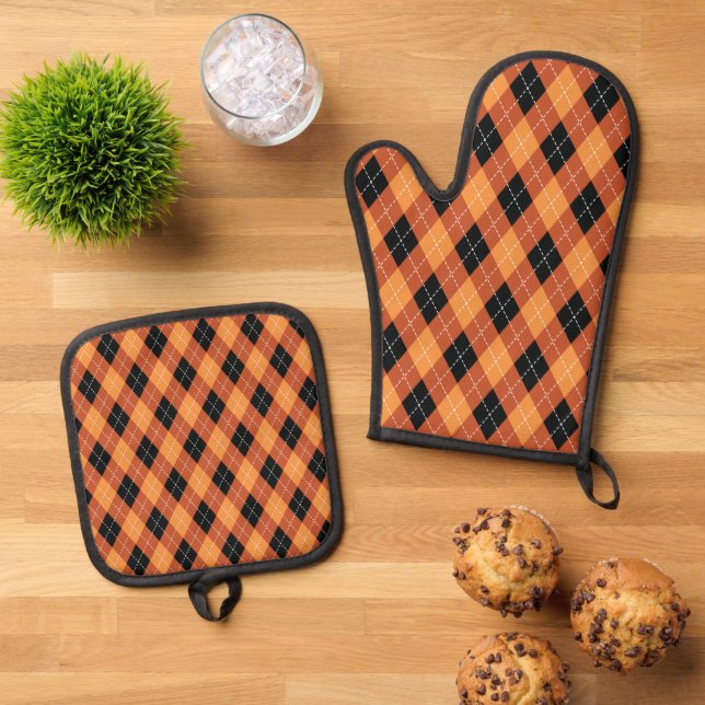 Niedlicher Fall Saisonale karierte Muster Ofenhandschuh & Topflappen-Set (Oben Unten)
