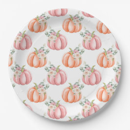 Niedlicher Fall Soft Pink und Orange Floral Pumpki Pappteller