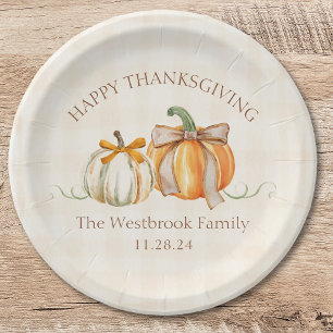 Niedlicher Familienname Pumpkin Bows Erntedank Pappteller