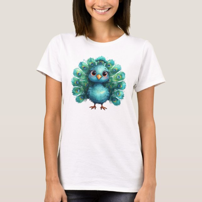 Niedlicher Fantasy-zauberhafter Blauer Pfau T-Shirt (Vorderseite)