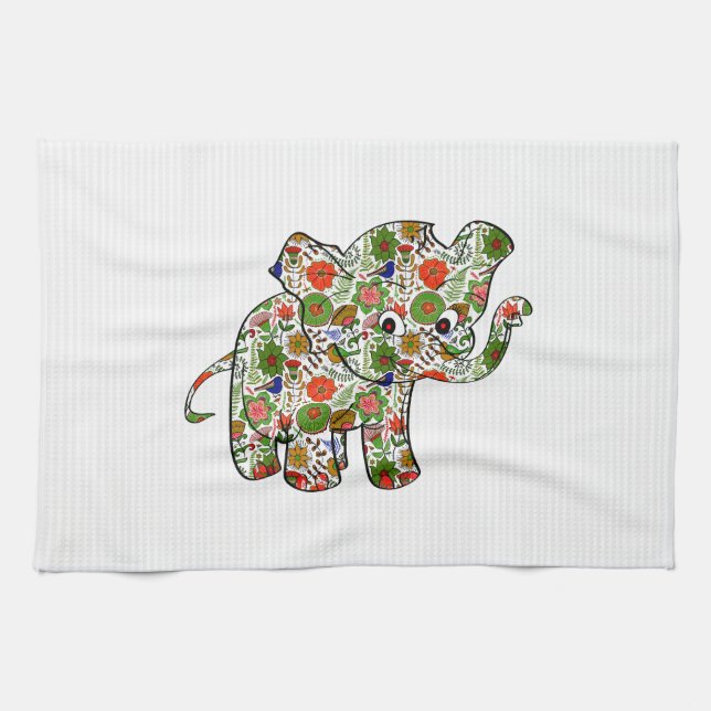 Niedlicher, farbenfroher Blumenjunge Elefant Geschirrtuch (Horizontal)