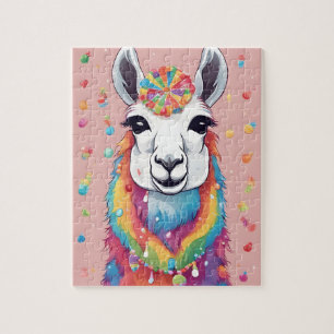 Niedlicher, farbenfroher Lama mit Bonbons und Süßi Puzzle