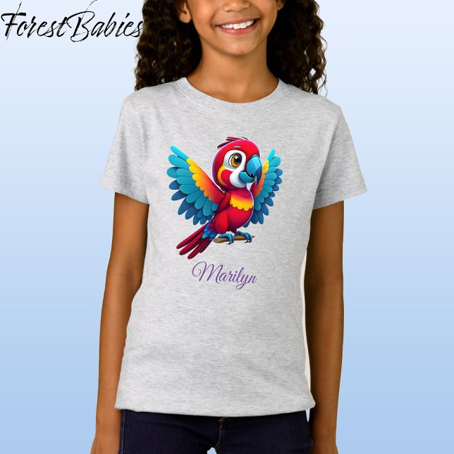 Niedlicher, farbenfroher Macaw Parrot Bird Cartoon T-Shirt (Macaw, Gray Customizable ForestBabies T-shirt - Front)