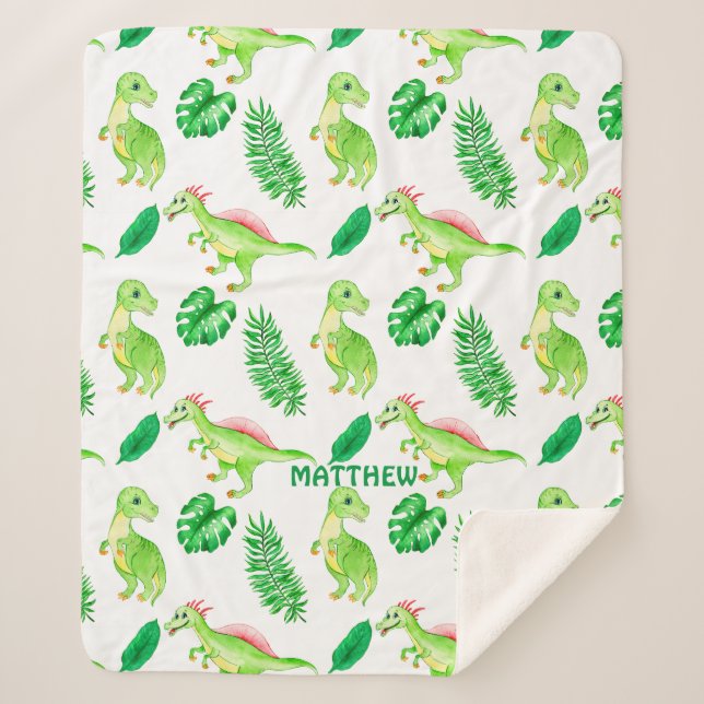 Niedlicher, farbenfroher Watercolor-Muster Dinosau Sherpadecke (Vorderseite)