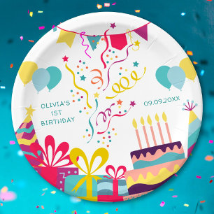 Niedlicher, farbiger, benutzerdefinierter Text der Pappteller