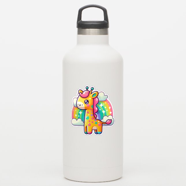 Niedlicher farbiger Cartoon Giraffe Regenbogen Hin Aufkleber (Wassserflasche)