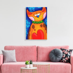 Niedlicher farbiger Cartoon Katze Grosses Herz Leinwanddruck