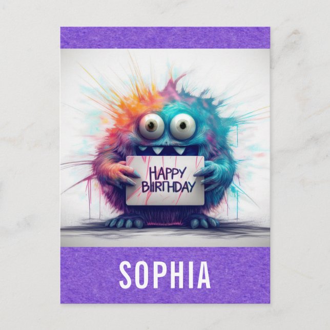 Niedlicher farbiger Cartoon Monster Happy Birthday Postkarte (Vorderseite)