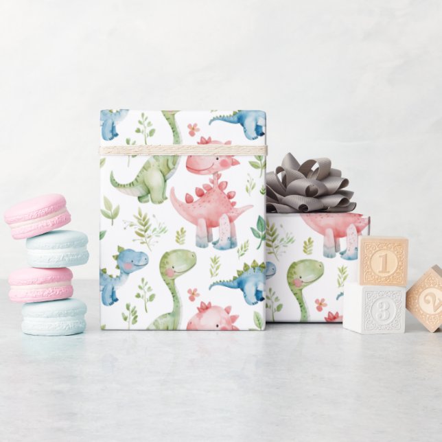 Niedlicher farbiger Dinosaurier Kindergeburtstag Geschenkpapier (Babyparty)