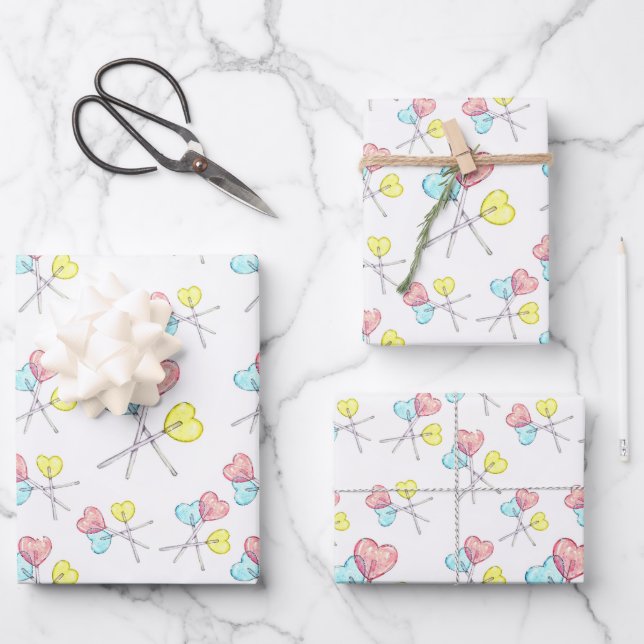 niedlicher, farbiger Herzlollis Geschenkpapier Set (Vorderseite)