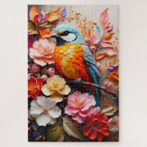 niedlicher, farbiger Vogel auf einem Ast mit Blume
