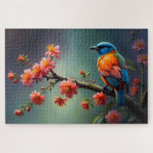 niedlicher, farbiger Vogel auf einem Ast mit Blume