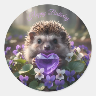 Niedlicher Februar-Igel mit Amethyst-Herz Runder Aufkleber