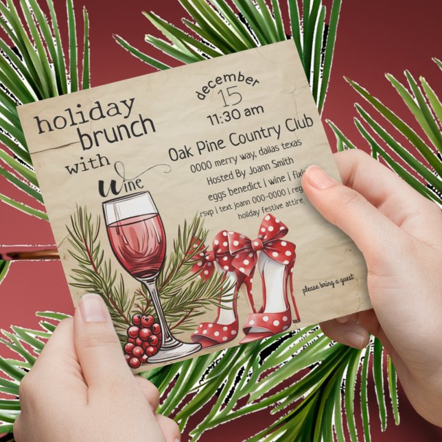 Niedlicher Feiertag Brunch mit Party Einladung (Cute ladies holiday brunch invite with wine, pine and heels in red and hunter green. )