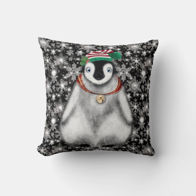 Niedlicher Feiertag Pinguin Glitzer Schneeflocken Kissen (Vorderseite)