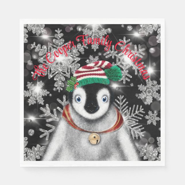 Niedlicher Feiertag Pinguin Glitzer Schneeflocken Serviette (Vorderseite)