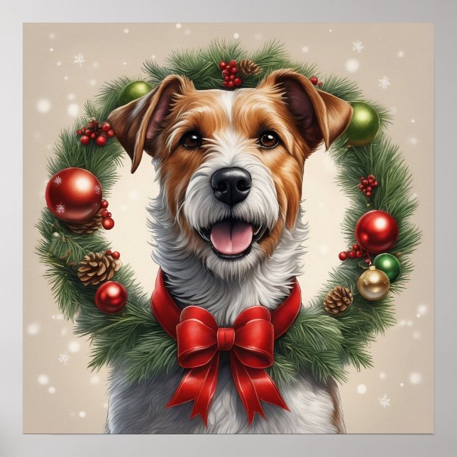 Niedlicher Feiertag Weihnachten Terrier Dog Wreath Poster (Vorne)