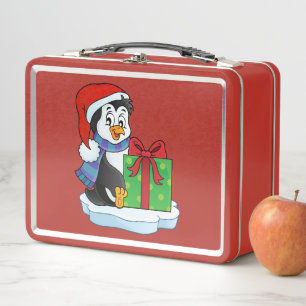 Niedlicher Feiertagpenguin-roter Metall Lunch Box