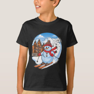 Niedlicher festlicher Schneemann Skifahren T-Shirt