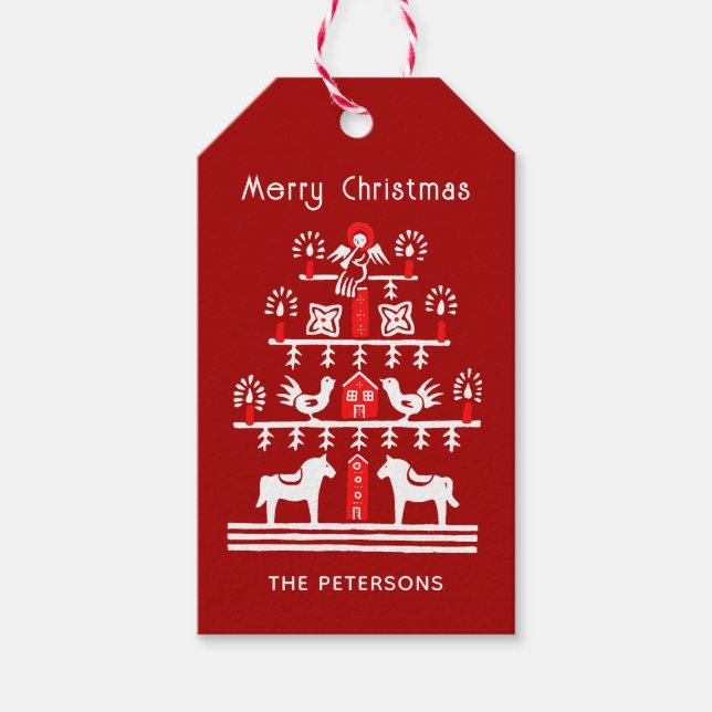 Niedlicher festlicher Skandi Roter Weihnachtsbaum Geschenkanhänger (Vorderseite)