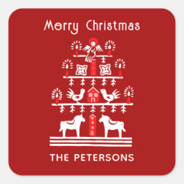 Niedlicher festlicher Skandi Roter Weihnachtsbaum Quadratischer Aufkleber