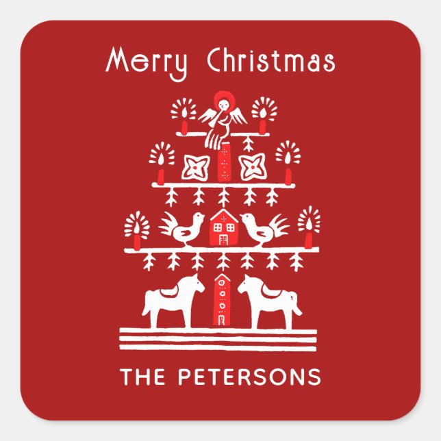 Niedlicher festlicher Skandi Roter Weihnachtsbaum Quadratischer Aufkleber (Vorderseite)
