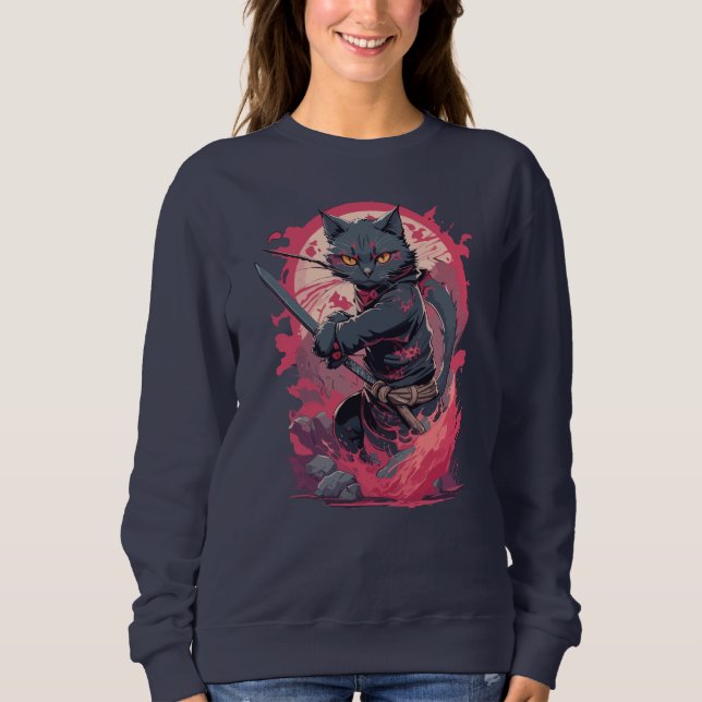 Niedlicher Feuerschlag Schwarzer Ninja Katzenkämpf Sweatshirt (Vorderseite)