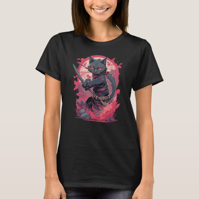 Niedlicher Feuerschlag Schwarzer Ninja Katzenkämpf T-Shirt (Vorderseite)