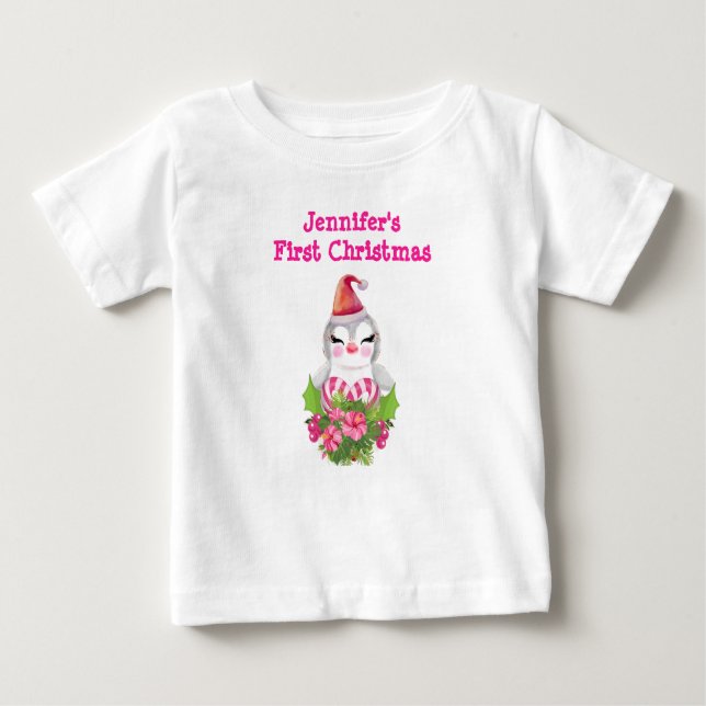 Niedlicher First Christmas Pinguin in der Weihnach Baby T-shirt (Vorderseite)