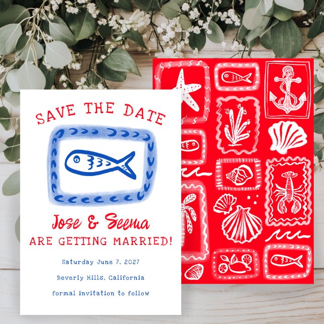 Niedlicher Fisch Hand gezeichnet Süß Red Blue Cust Save The Date (Cute Fish Hand Drawn Sweet Red Blue Custom Save The Date
)