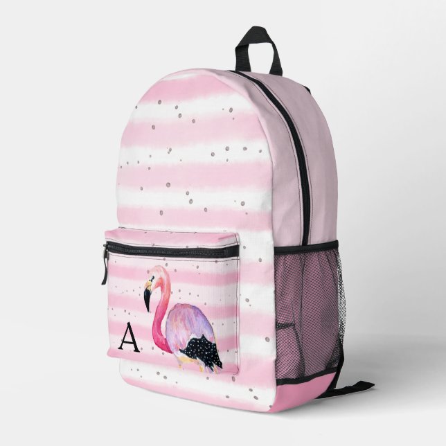 Niedlicher Flamingo Monogram Pink Strip Bedruckter Rucksack (Rückseitige Ecke Rechts)