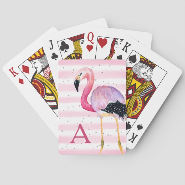 Niedlicher Flamingo Monogram Pink Strip Spielkarten (Rückseite)