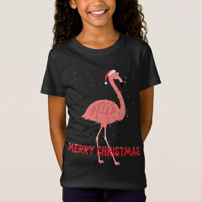Niedlicher Flamingo Weihnachtsbaum Lichter T-Shirt (Vorderseite)