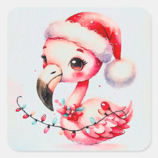 Niedlicher Flamingo Wrapod in Weihnachtsbeleuchtun Quadratischer Aufkleber