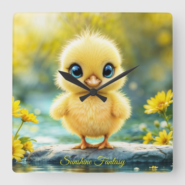 Niedlicher, flauschiger Küken mit großen Augen, st Quadratische Wanduhr (Vorderseite)