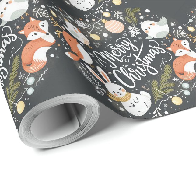 Niedlicher, flauschiger Weihnachtsfoxkranz Geschenkpapier (Rolleneckpunkt)