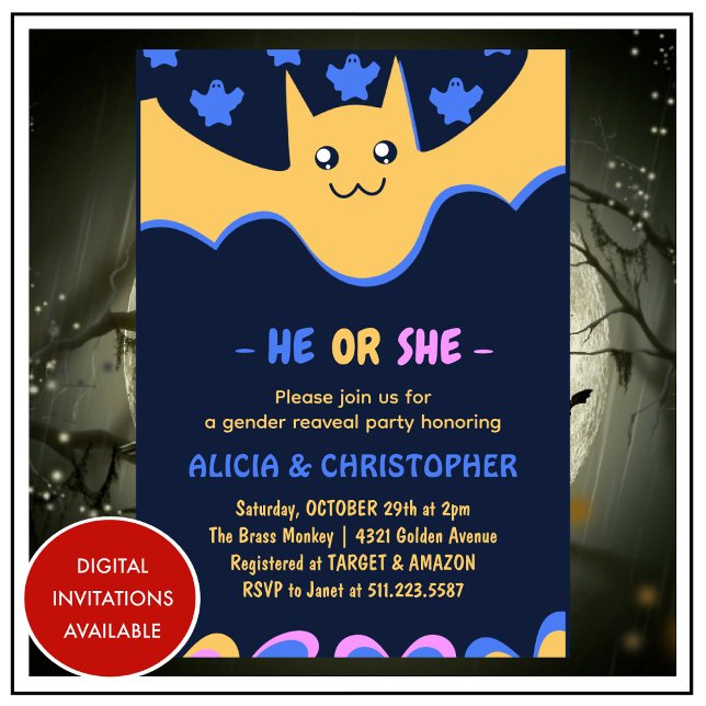 Niedlicher Fledermausgeister, "He or She Halloween Einladung (Cute-bat-Ghost-He-or-She-Halloween-gender-reveal-Invitation-1)