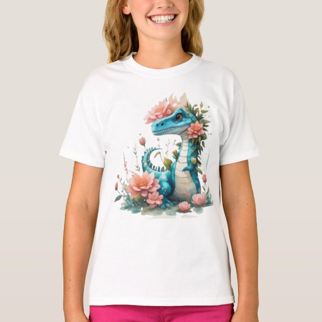 Niedlicher floraler Dinosaurier T-Shirt (Vorderseite)