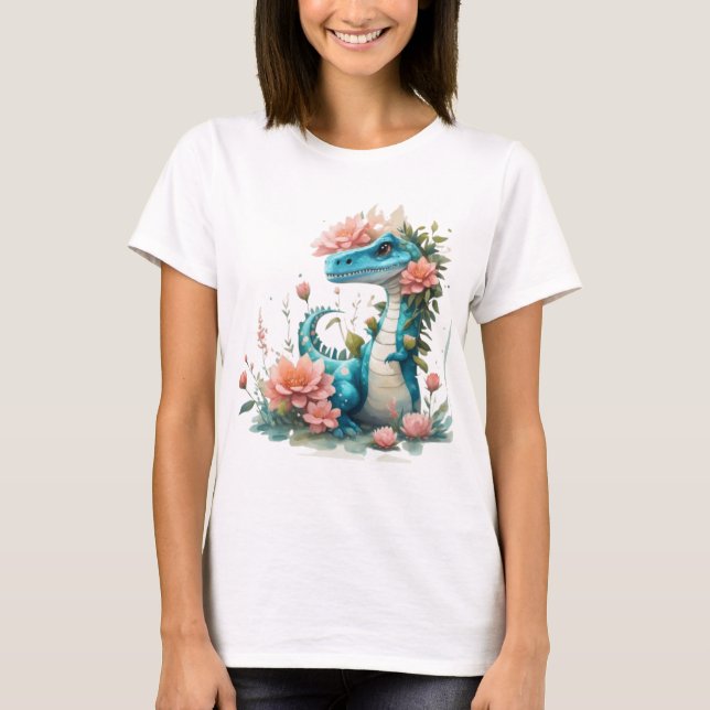 Niedlicher floraler Dinosaurier T-Shirt (Vorderseite)